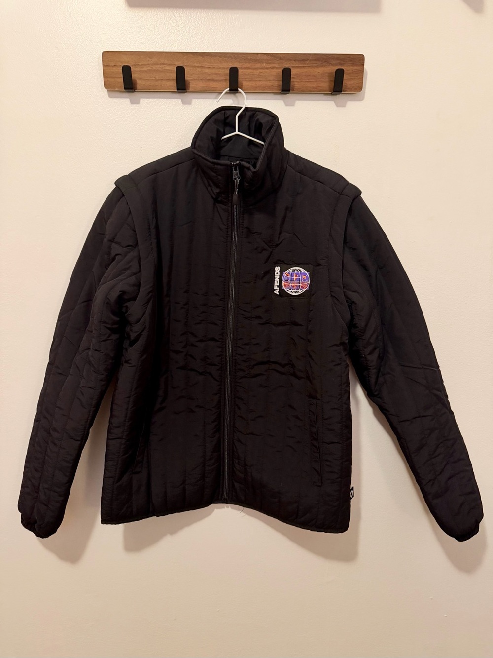Afends Black Quilted Puffer Jacket with Globe Patch
